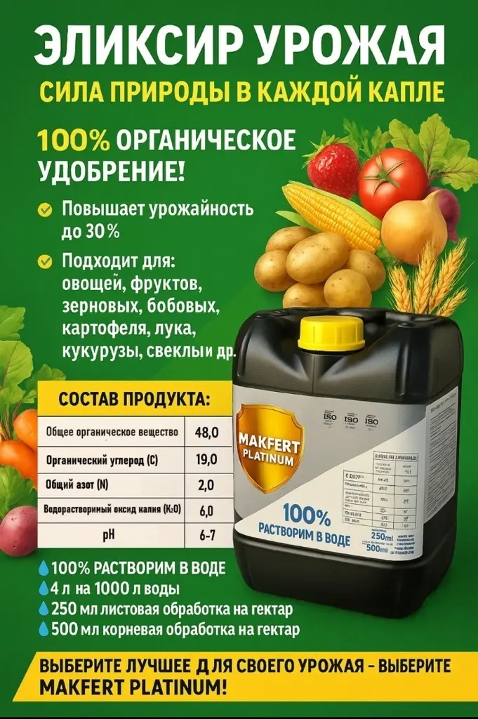 Makfert Platinum (Макферт Платинум) — это жидкое органическое удобрение турецкого производства (100% органика), повышающее урожайность и качество плодов.