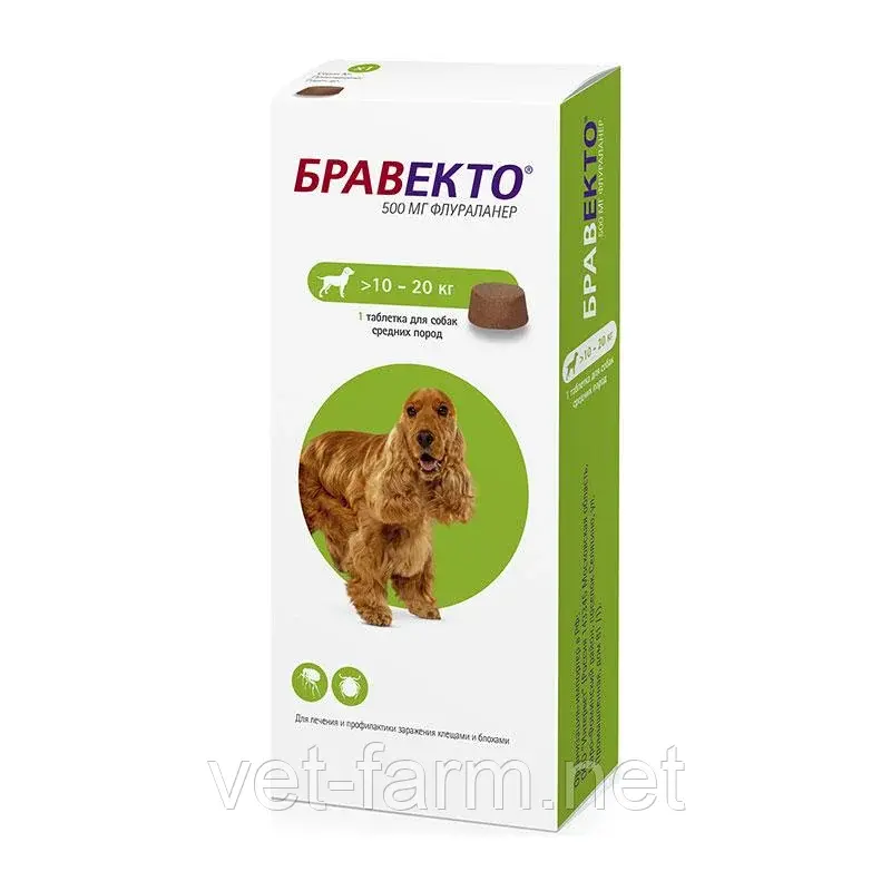 Бравекто для собак средних пород (500 мг > 10 - 20 кг) Код: 8713184139290