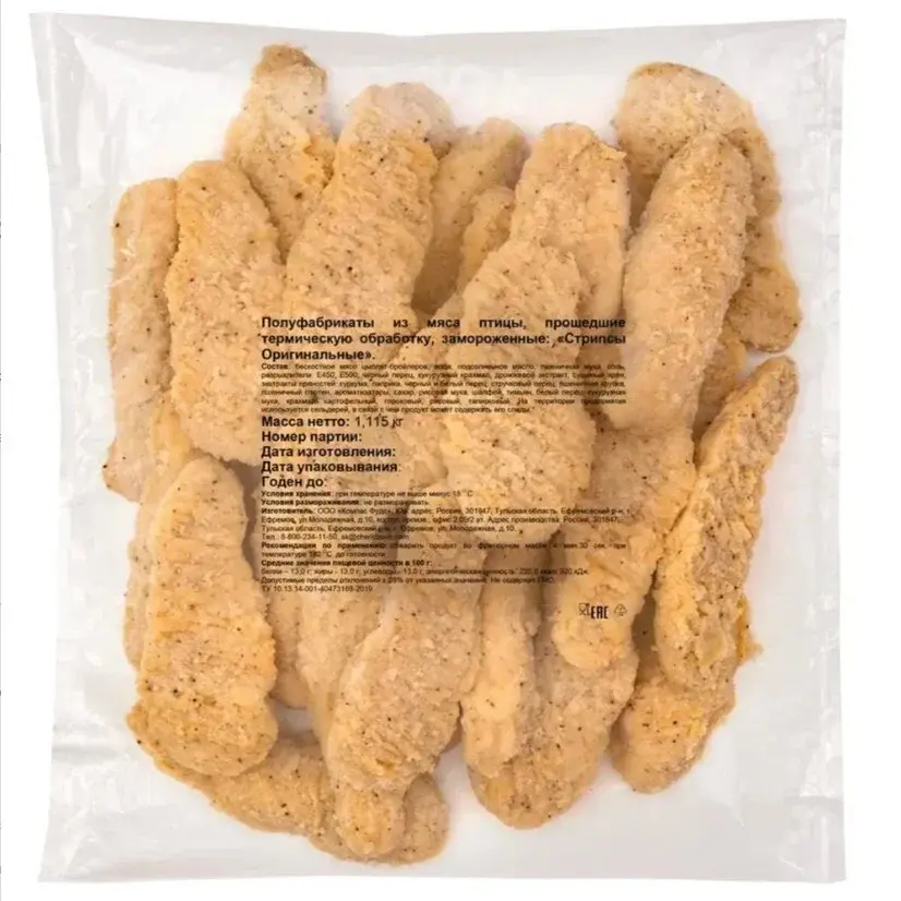 Стрипсы Оригинальные, куриные, рубленные, в панировке, 16.725 кг., замороженные