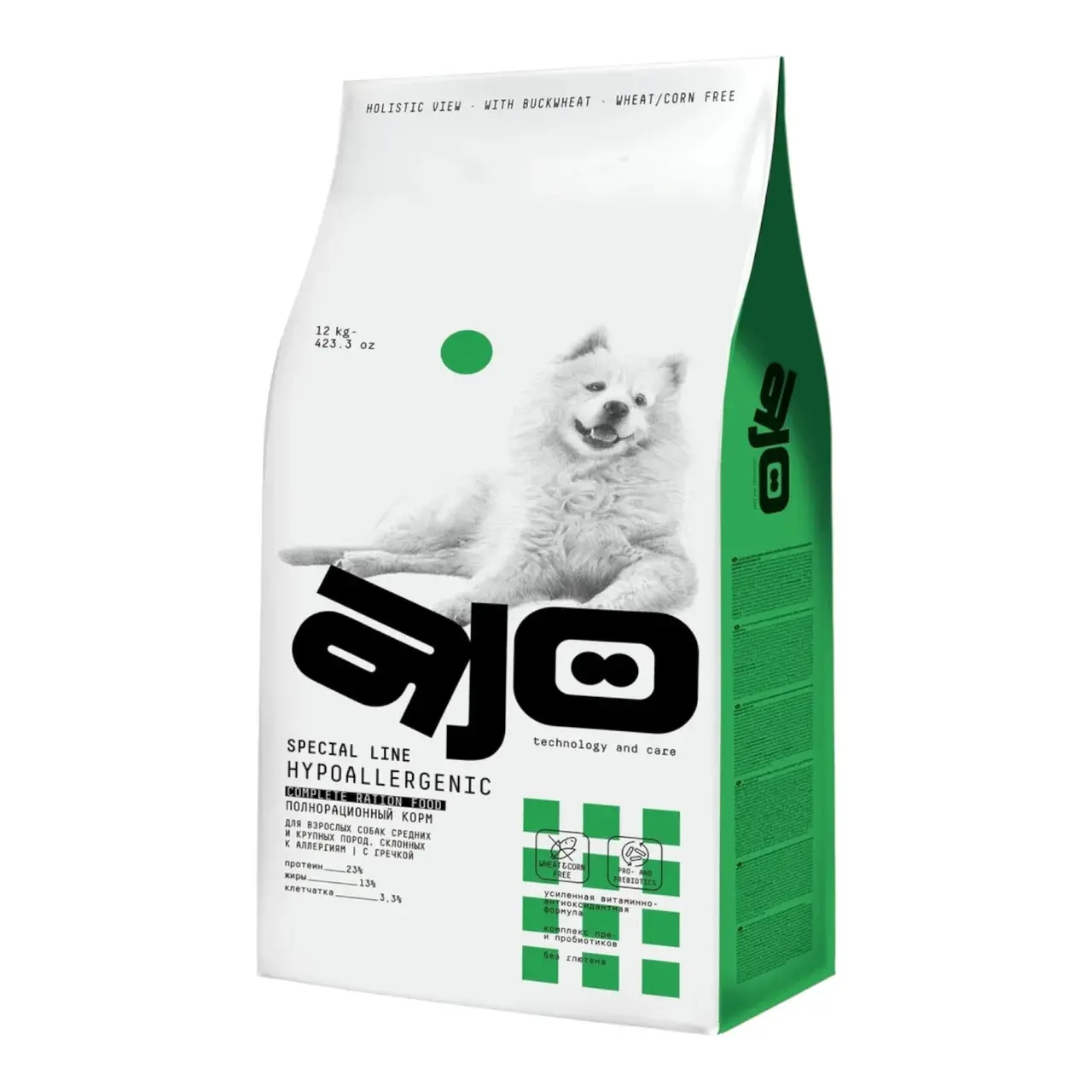 AJO Dog Hypoallergenic Сухой полнорационный корм с гр. для взр. собак ср. и кр. пород, скл. к аллер. 12 кг