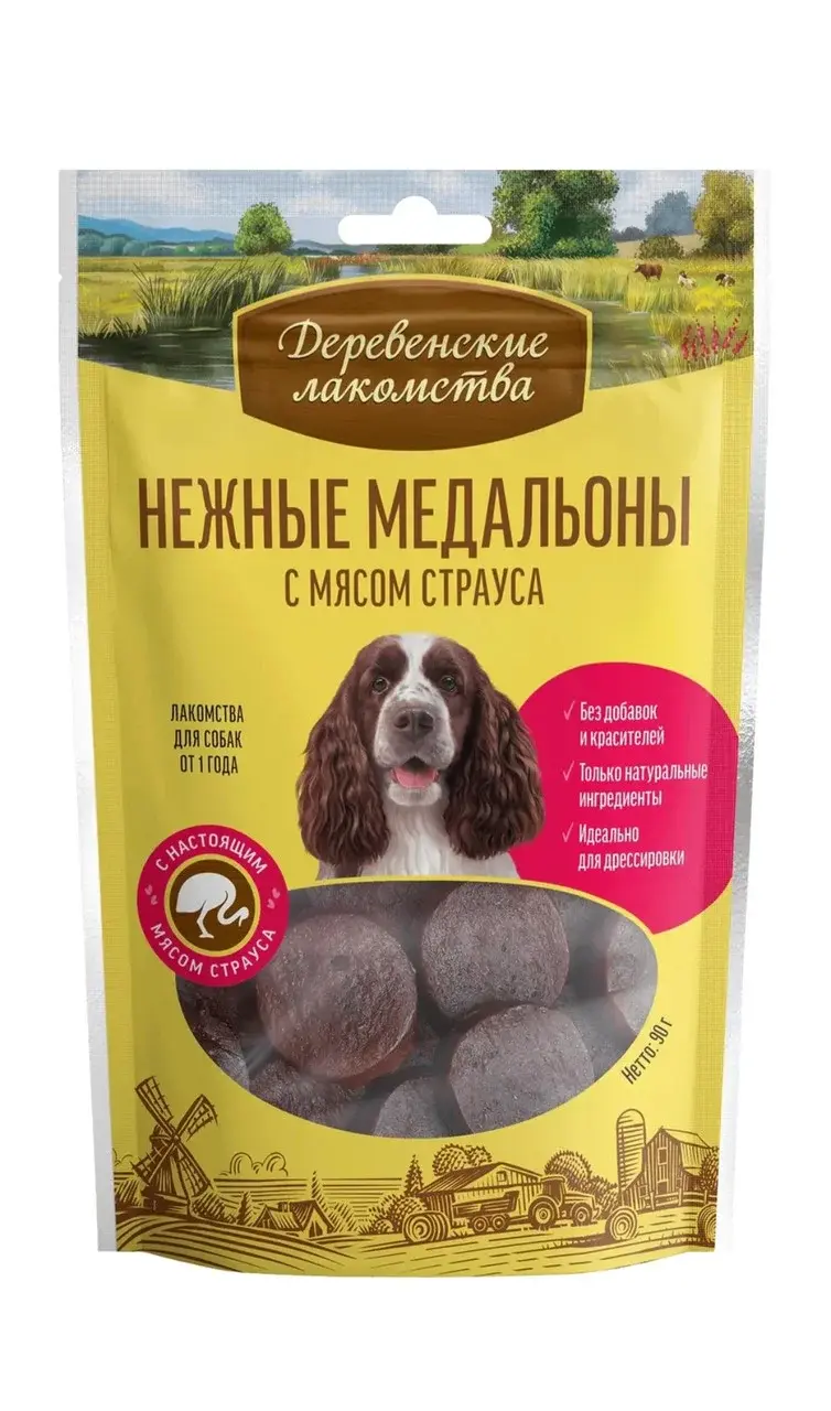 Деревенские лакомства Медальоны с мясом страуса для собак, 90 г