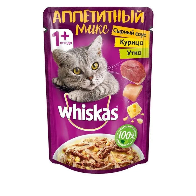 Вискас Корм для кошек Микс Сырный соус, Курица и Утка